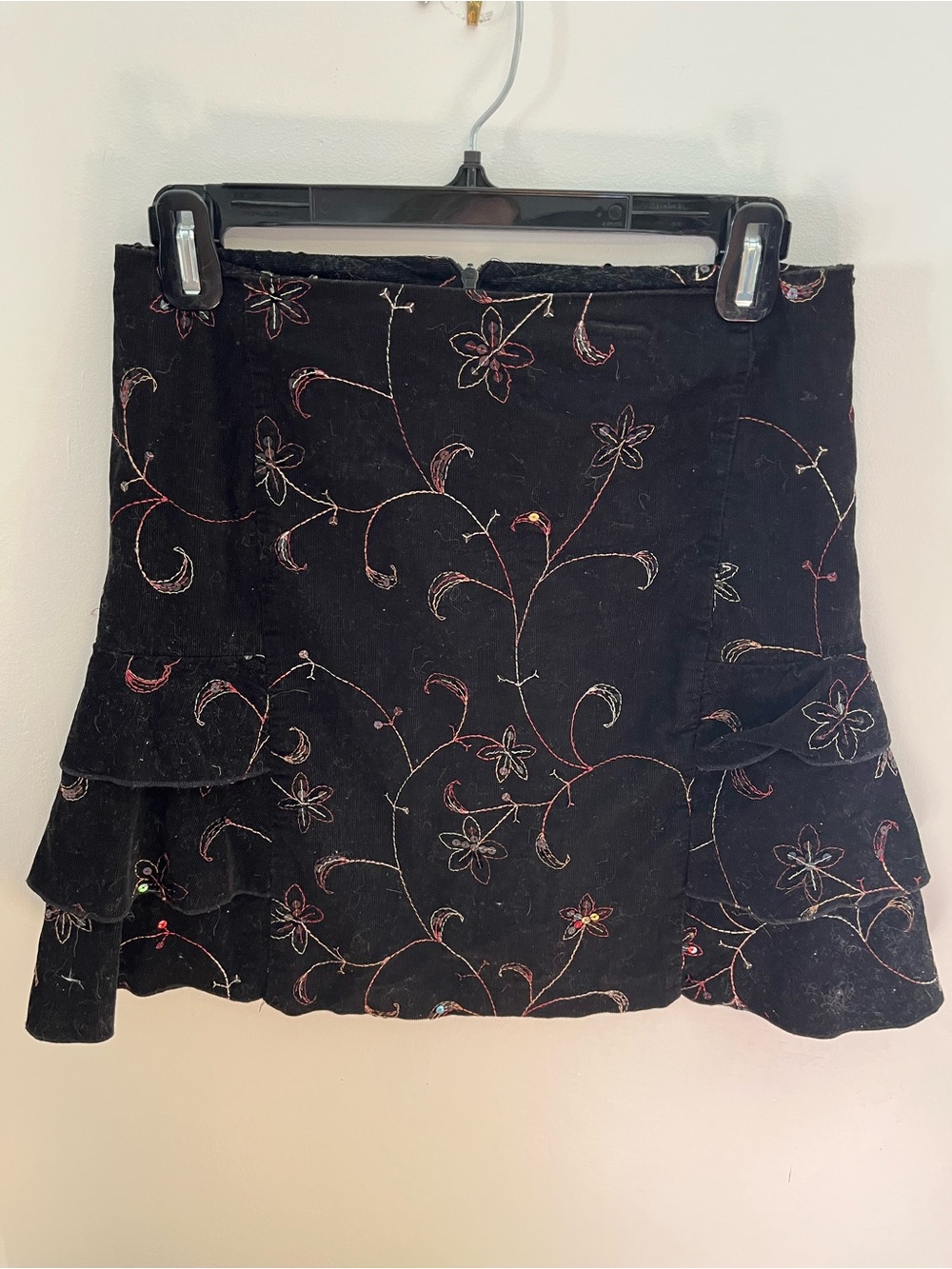 Y2K Black Floral Embroidered Tiered Corduroy Mini Skirt - Size Medium 28” Waist